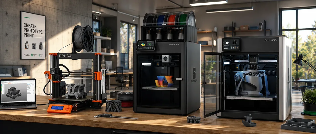 Dílna s několika 3D tiskárnami připravenými k tisku