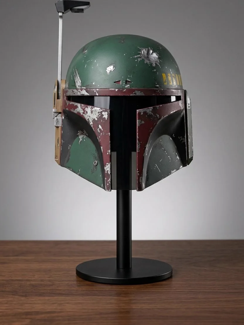 Helma Boba Fett se silně opotřebovaným povrchem a odlupující se barvou