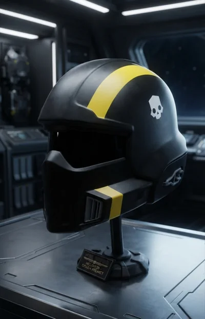 Helldivers helma — tmavá helma se žlutým pruhem, černým průzorem a bílým znakem lebky