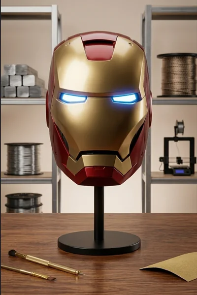 Ironman helma — červeno-zlatá helma s výraznými modře zářícími očními průzory
