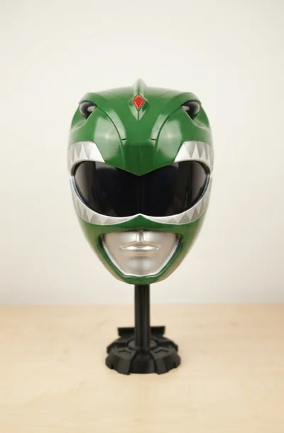 Power Rangers Green — zelená helma s tmavým průzorem, stříbrnými detaily a červeným znakem na čele