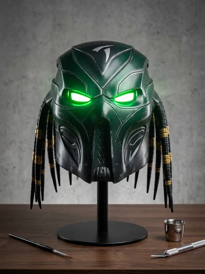 Cosplay helma Predator s podsvícenýma zelenýma očima a dredy