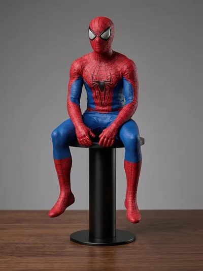 Sedící figurka Spider-Mana v červeno-modrém obleku na černém podstavci