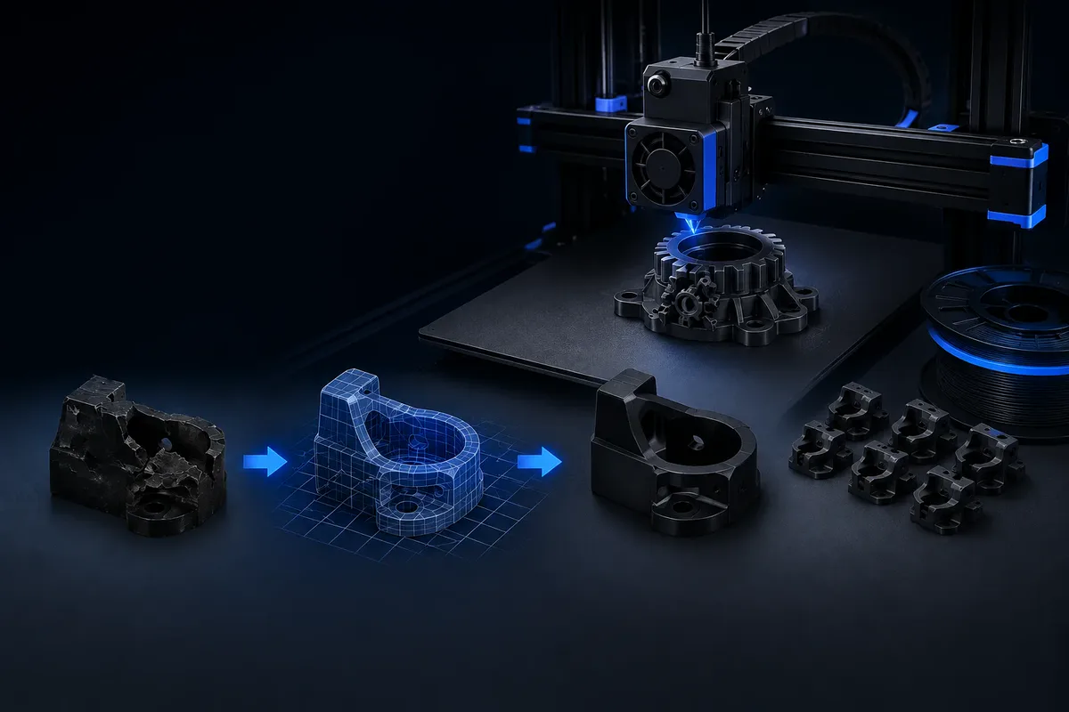 Proces 3D tisku od naskenovaného dílu přes 3D model až po hotový vytištěný díl